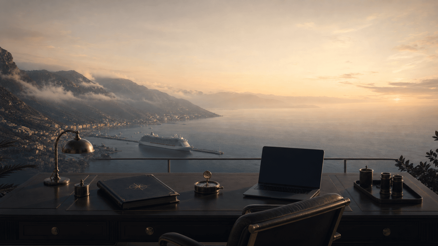 Private maritime advisory desk overlooking a dawn cruise harbor with a cruise ship below
