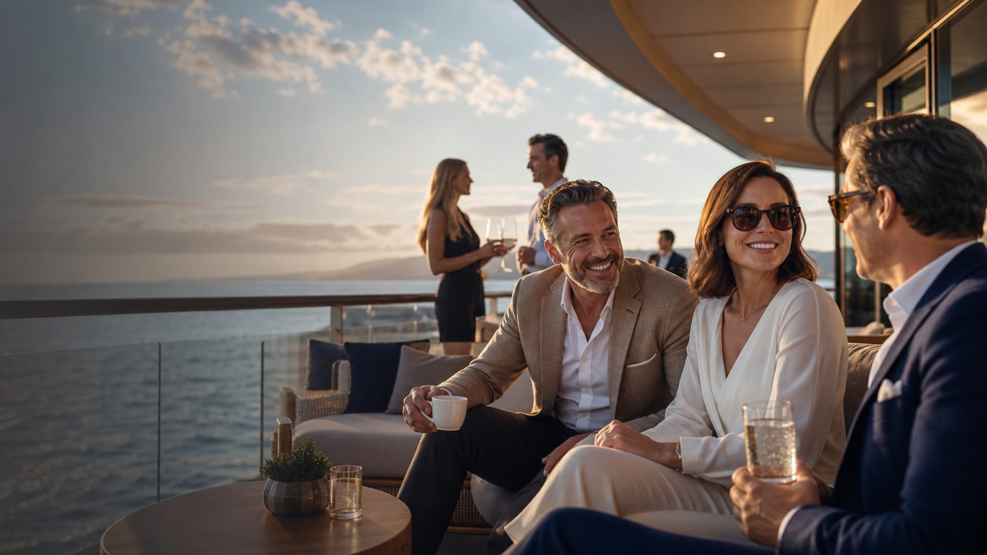 A corporate incentive and retreat team in a refined cruise ship meeting lounge at sea.