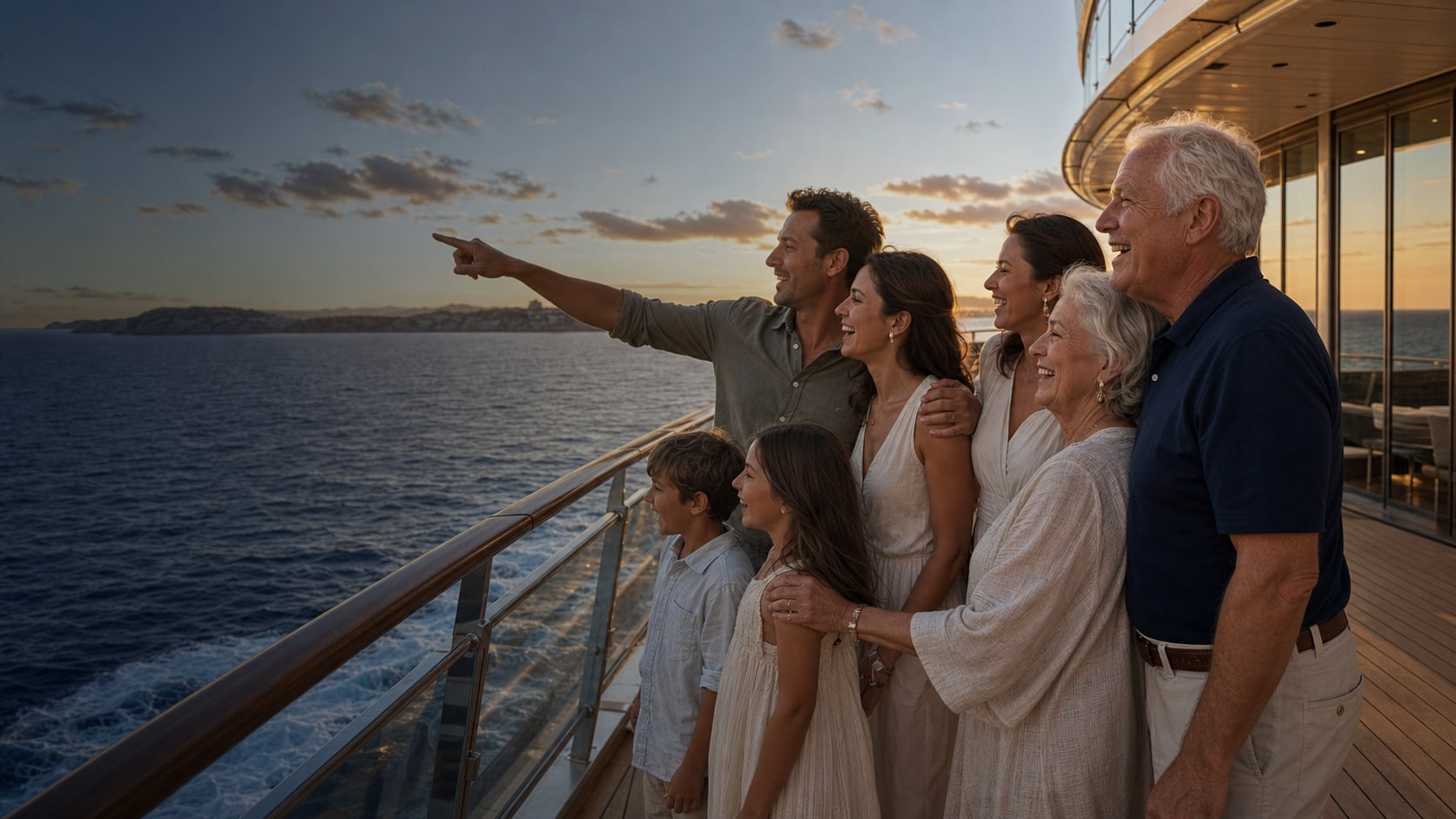 A multigenerational family reunion group gathered on a cruise ship deck at sunset.