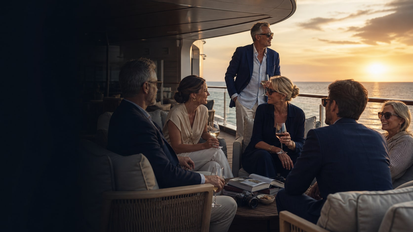Friends and affinity group travelers gathered in a warm cruise ship lounge at sea.