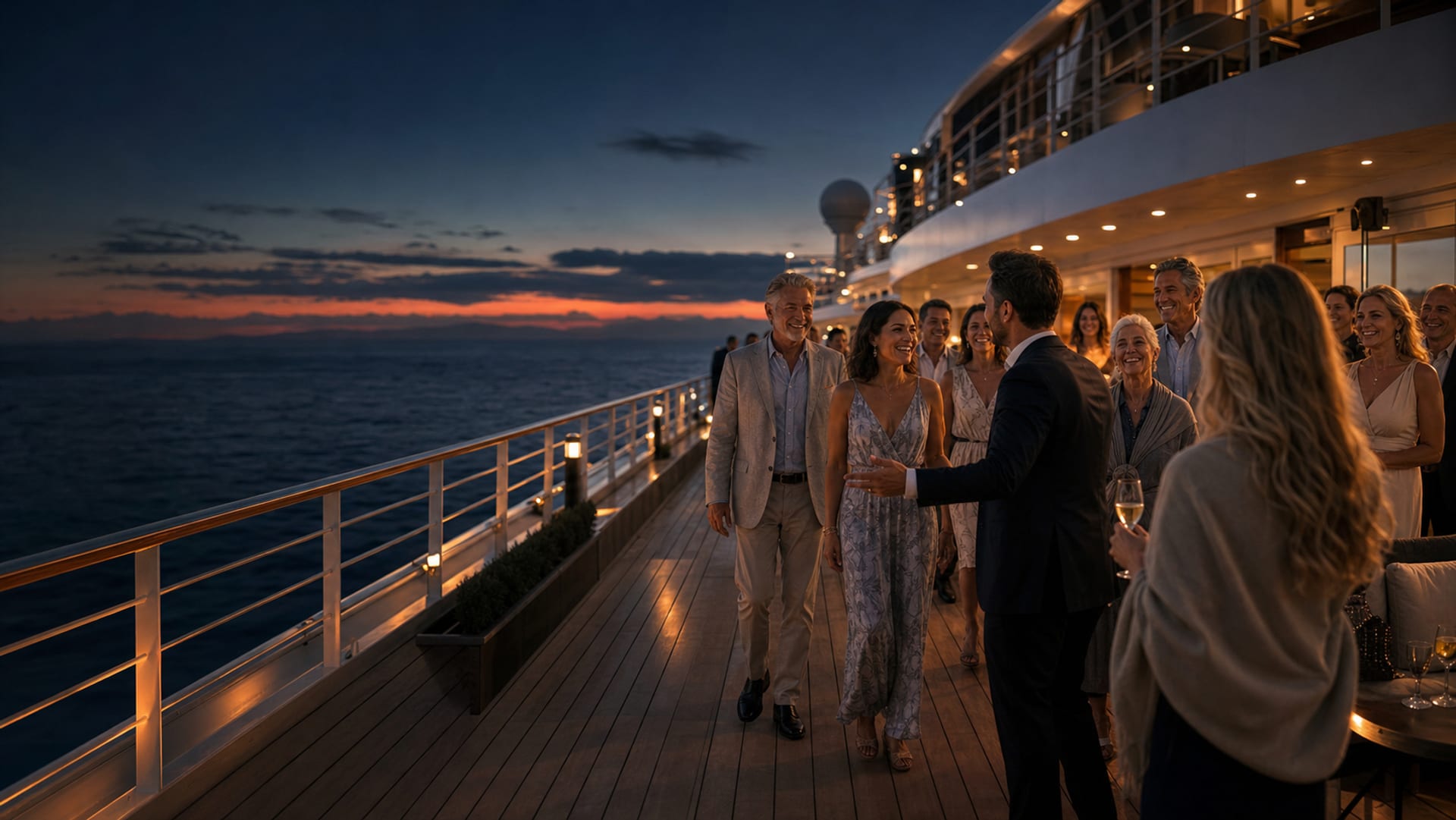 A full cruise charter planning team reviewing event production details on a ship deck at blue hour.