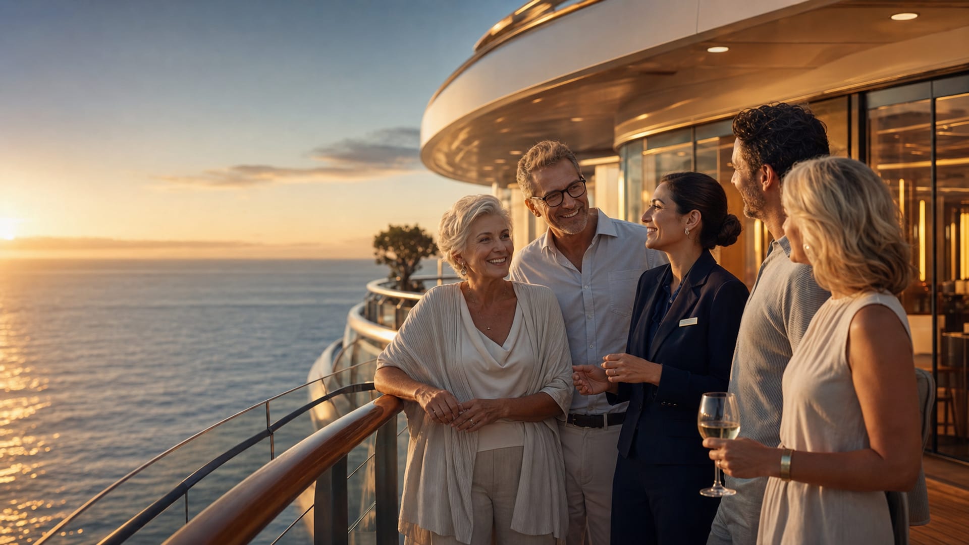 A NestCruise advisor speaking with a refined group on a cruise ship observation deck at sunset.