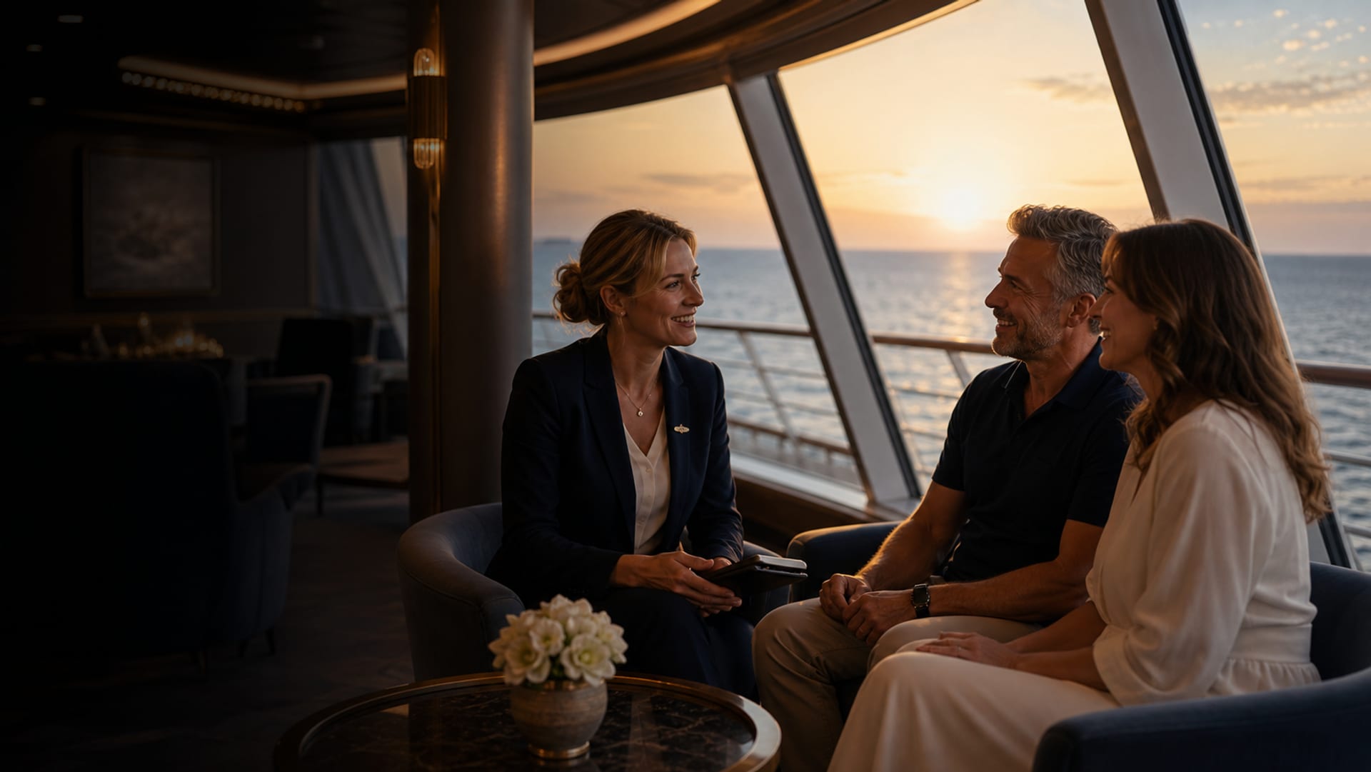 A NestCruise advisor speaking with travelers inside a cruise ship observation lounge at dawn.