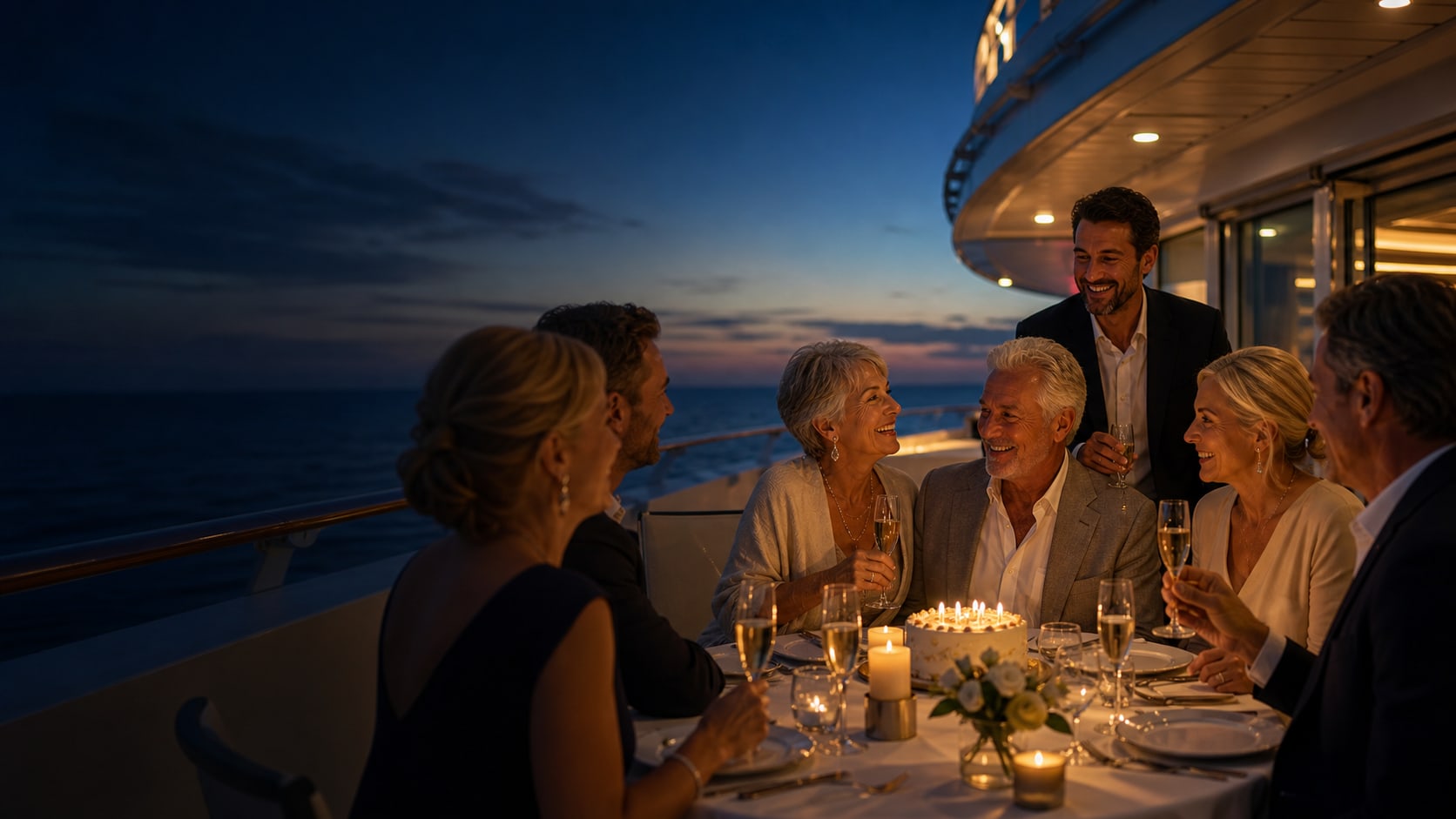 An elegant milestone birthday and anniversary dinner on a cruise ship at twilight.