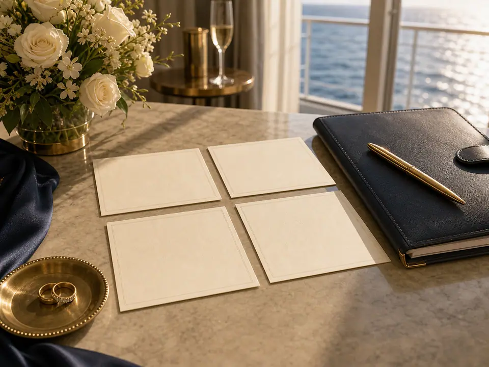 Blank planning cards, wedding rings, and flowers arranged for cruise wedding budget planning.