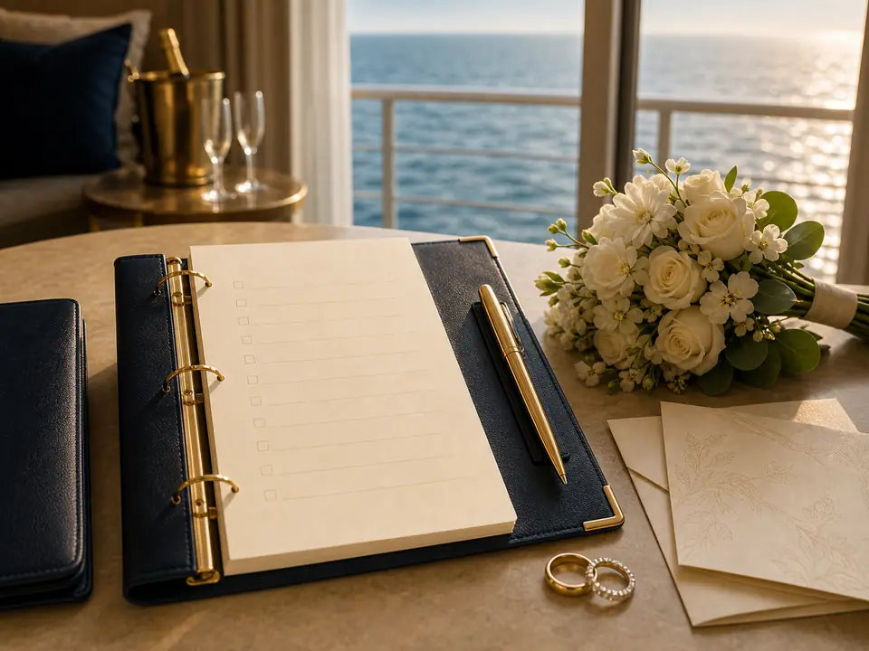 Wedding rings, flowers, and a blank cruise wedding checklist arranged in a bright suite.