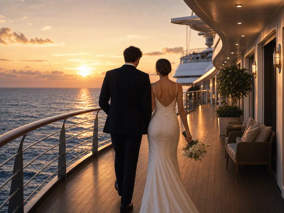 Newlyweds walking along a cruise ship promenade at sunset.