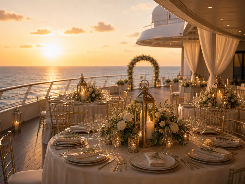 Elegant cruise ship deck prepared as a wedding venue at golden hour.