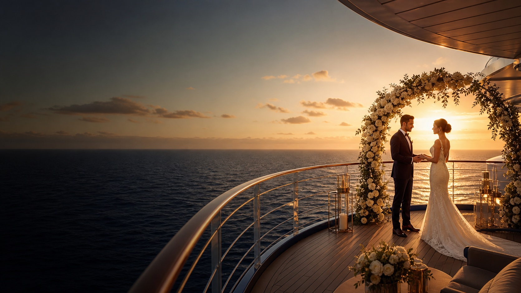 A couple celebrating their wedding on a Royal Caribbean Cruise ship at sea.