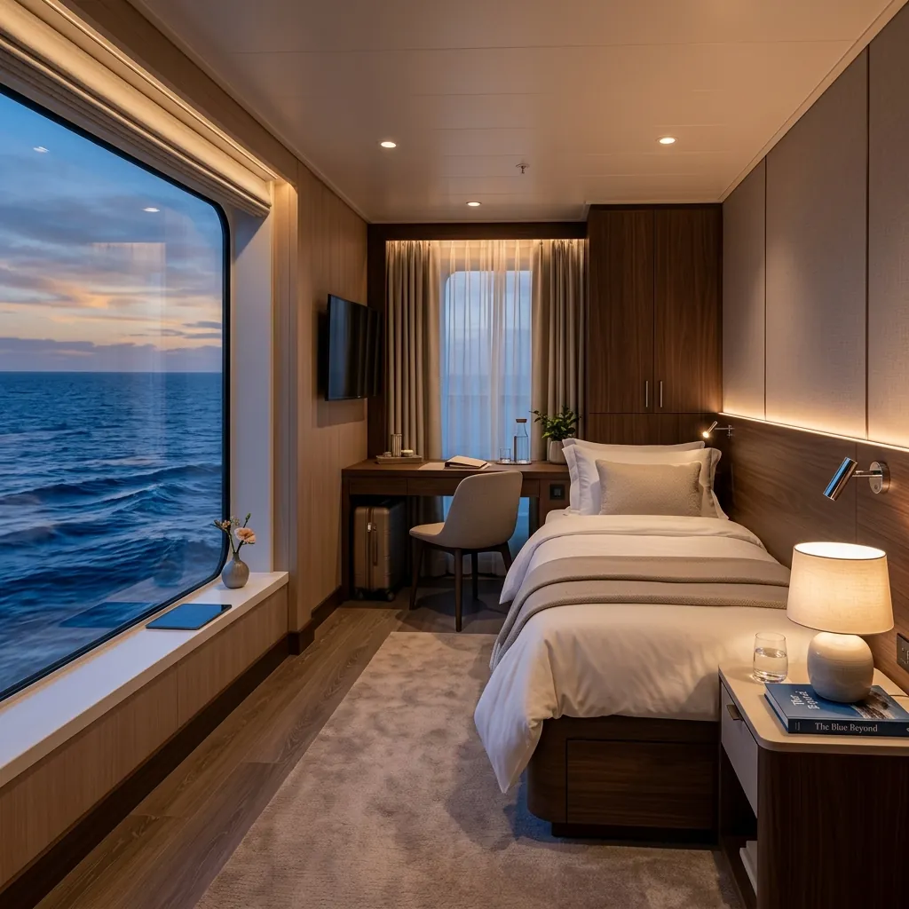 Inside a luxury solo studio cabin looking out at the ocean